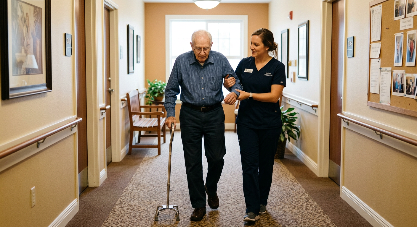 A caregiver helping an older man walk down a bright hallway