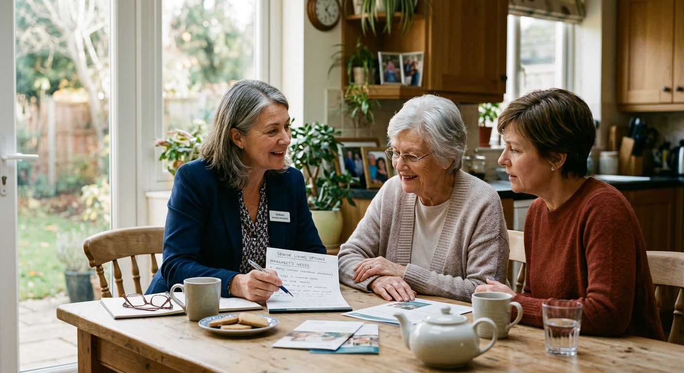 A Porchlight advisor meeting with an older woman and her daughter at their kitchen table