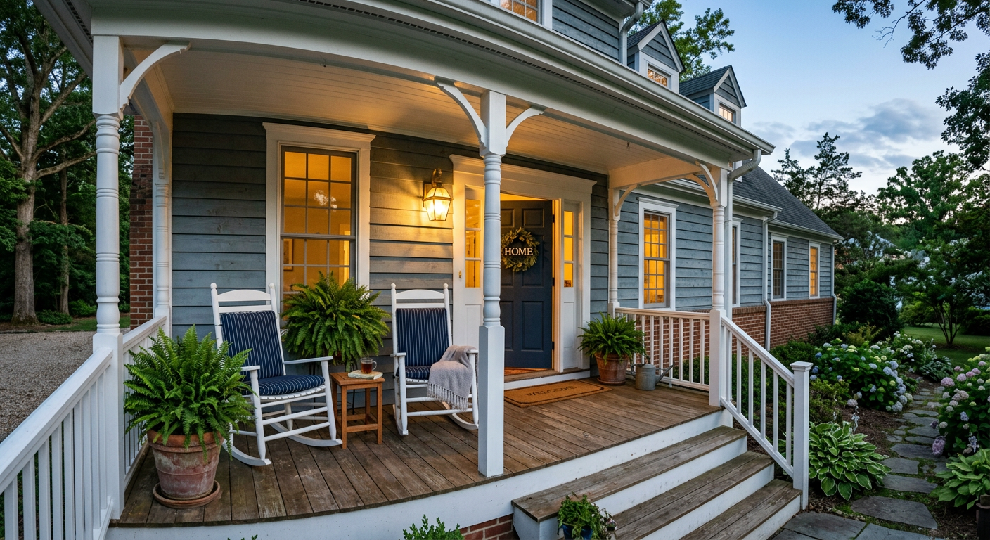 A welcoming front porch with a glowing porch light at dusk