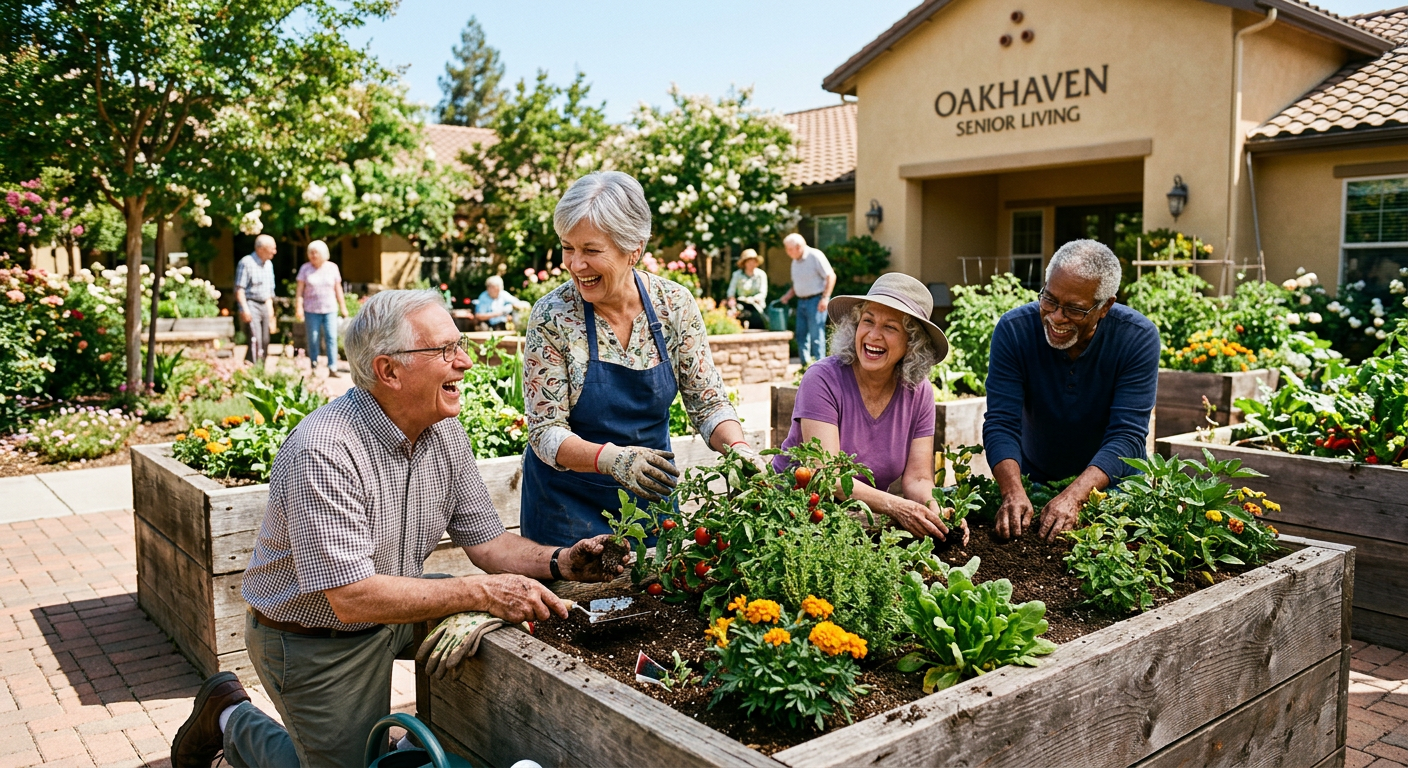 Active older adults gardening together in a senior community courtyard
