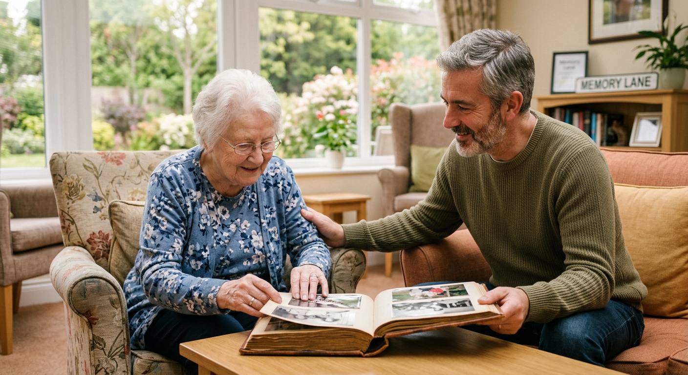 An older woman and her adult son looking through a photo album together