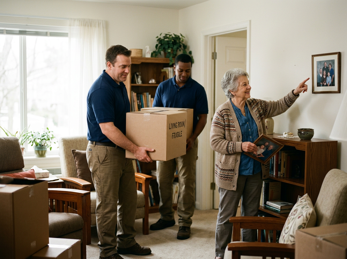 Movers carrying labeled boxes into a senior living apartment while the new resident directs them