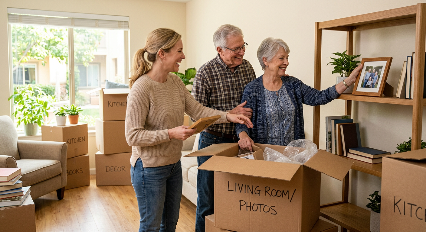 A family unpacking boxes together in a new senior living apartment